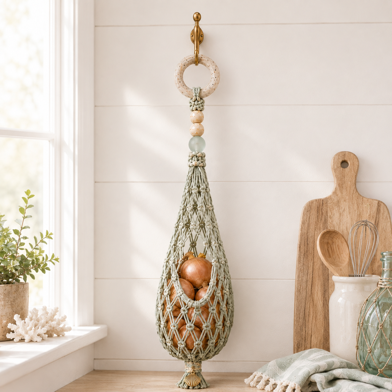 🌊🥔 Coastal Hanging Produce Storage – Handwoven Breathable Organizer with Easy Side Access