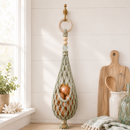 🌊🥔 Coastal Hanging Produce Storage – Handwoven Breathable Organizer with Easy Side Access