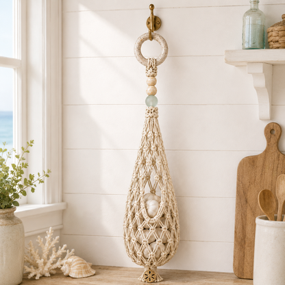 🌊🥔 Coastal Hanging Produce Storage – Handwoven Breathable Organizer with Easy Side Access