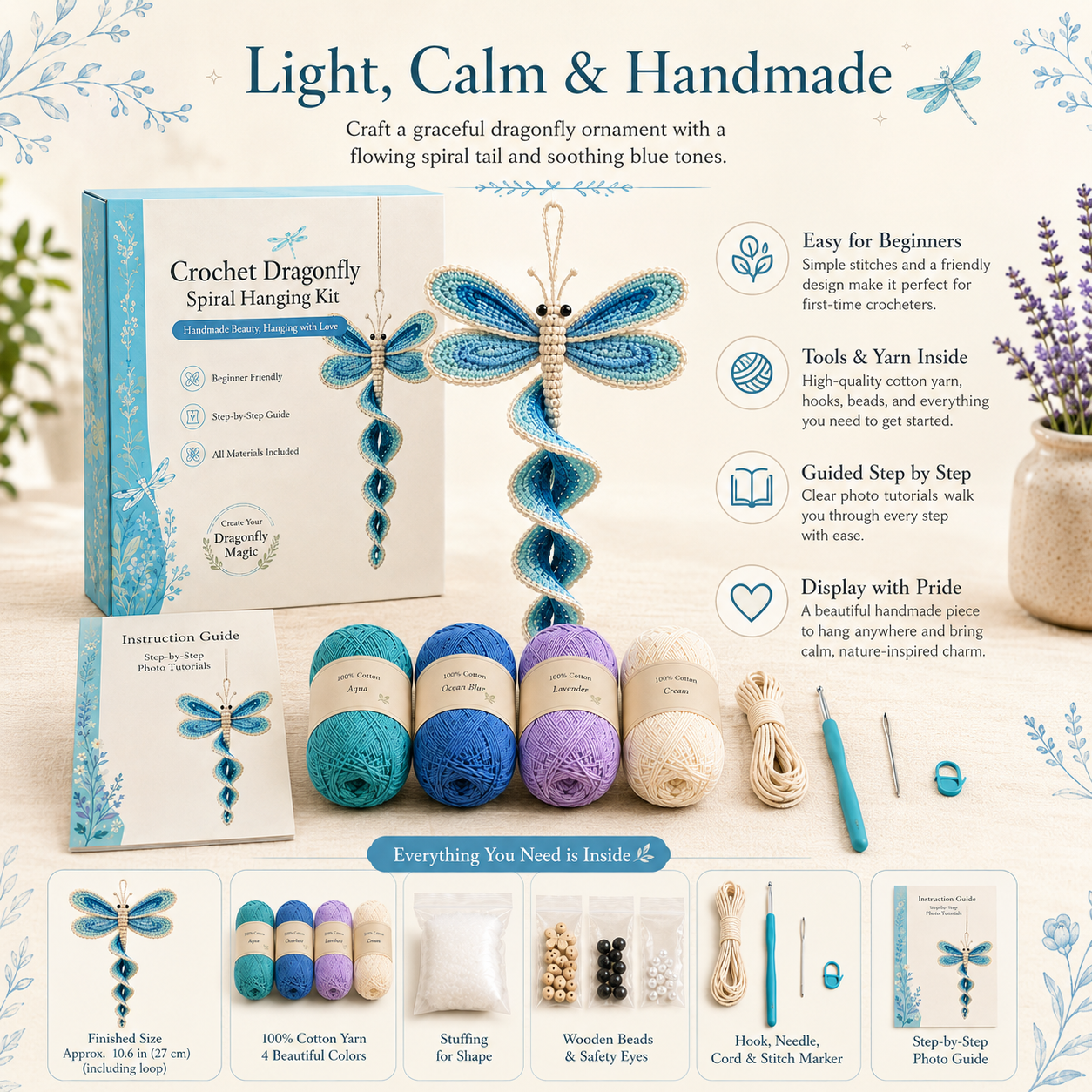 Beginner friendly Dragonfly Crochet Spiral Hanging Kit