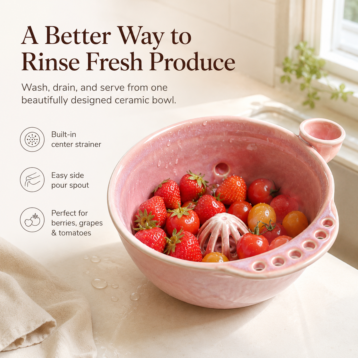 Handmade Ceramic Swirl Berry Washing Bowl — Water-Powered Vortex | 2 Sizes | No Electricity Needed