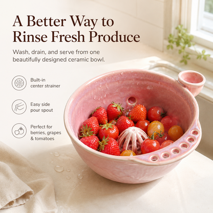 Handmade Ceramic Swirl Berry Washing Bowl — Water-Powered Vortex | 2 Sizes | No Electricity Needed