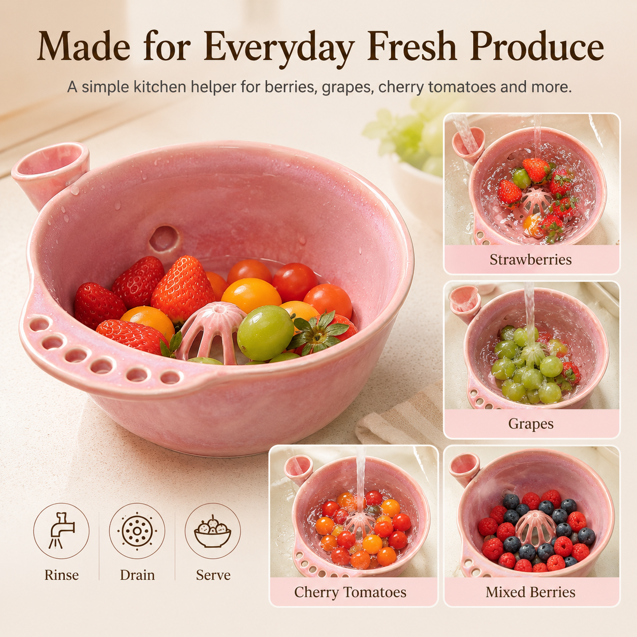 Handmade Ceramic Swirl Berry Washing Bowl — Water-Powered Vortex | 2 Sizes | No Electricity Needed
