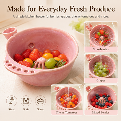 Handmade Ceramic Swirl Berry Washing Bowl — Water-Powered Vortex | 2 Sizes | No Electricity Needed