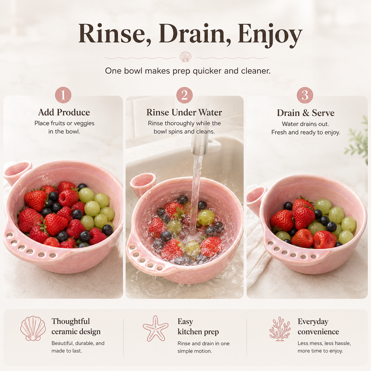 Handmade Ceramic Swirl Berry Washing Bowl — Water-Powered Vortex | 2 Sizes | No Electricity Needed