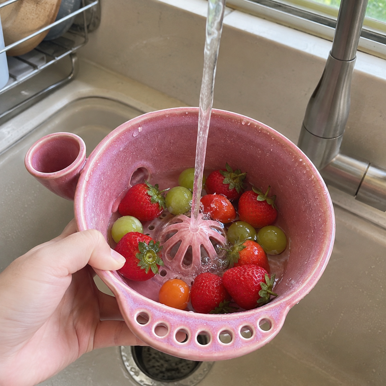 Handmade Ceramic Swirl Berry Washing Bowl — Water-Powered Vortex | 2 Sizes | No Electricity Needed