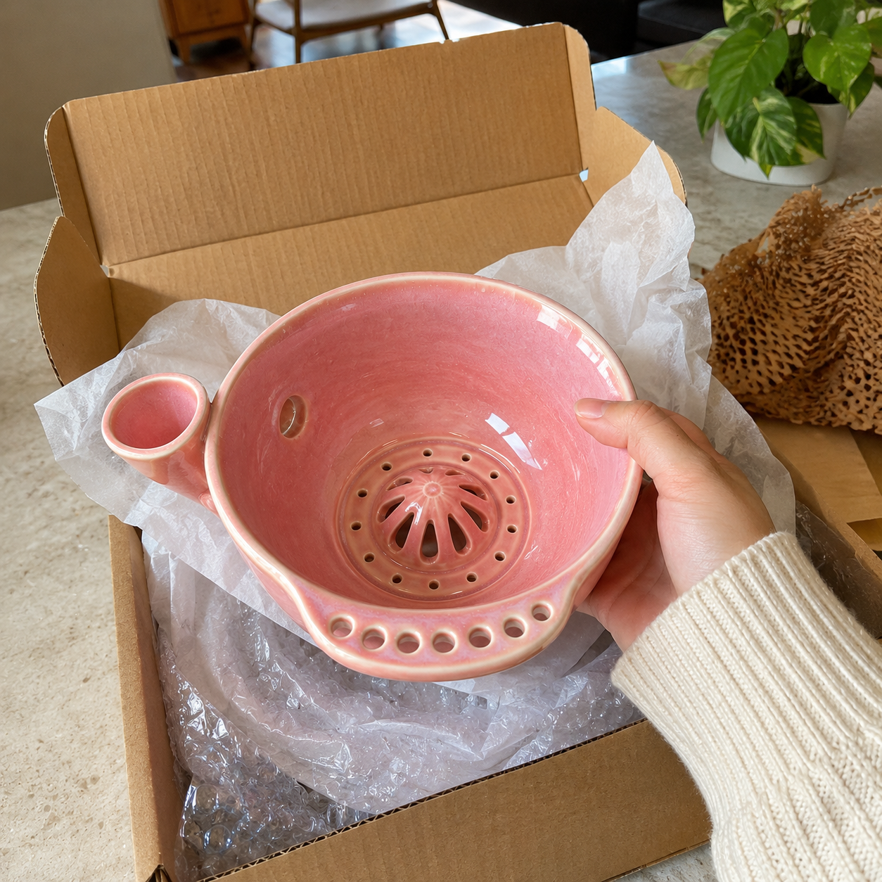 Handmade Ceramic Swirl Berry Washing Bowl — Water-Powered Vortex | 2 Sizes | No Electricity Needed
