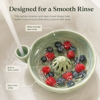 Handmade Ceramic Swirl Berry Washing Bowl — Water-Powered Vortex | 2 Sizes | No Electricity Needed