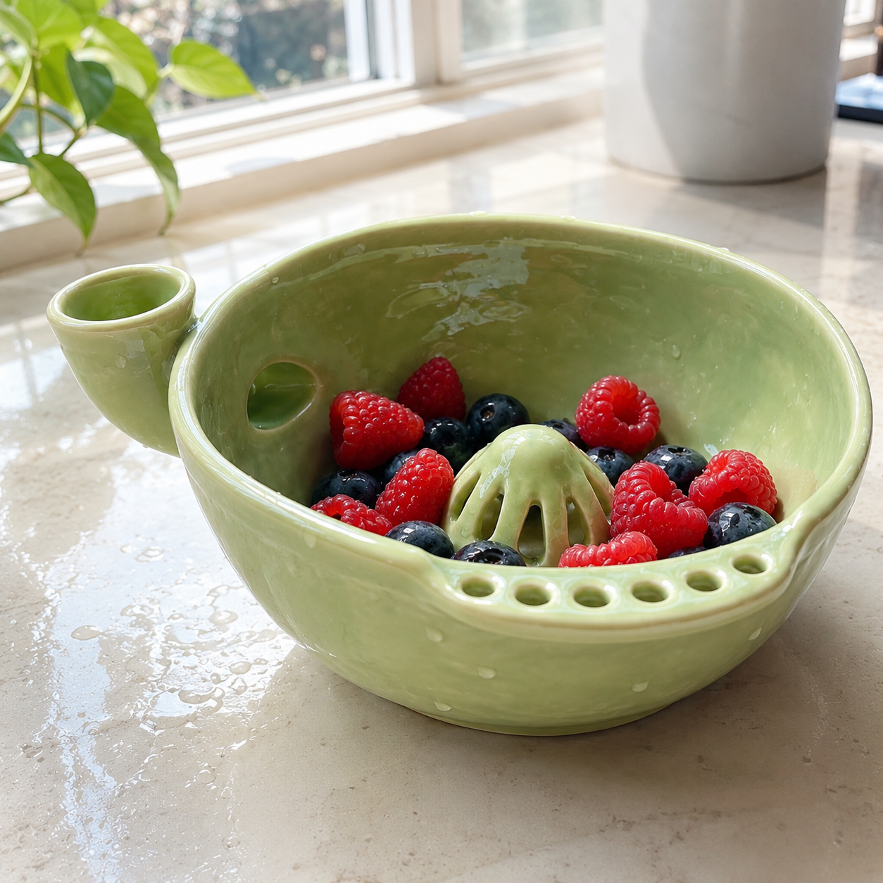 Handmade Ceramic Swirl Berry Washing Bowl — Water-Powered Vortex | 2 Sizes | No Electricity Needed