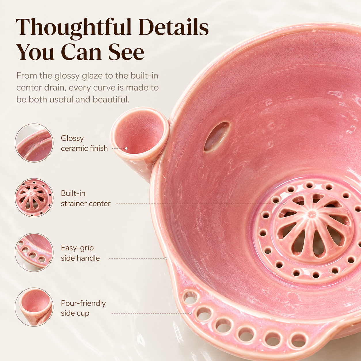 Handmade Ceramic Swirl Berry Washing Bowl — Water-Powered Vortex | 2 Sizes | No Electricity Needed