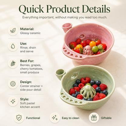 Handmade Ceramic Swirl Berry Washing Bowl — Water-Powered Vortex | 2 Sizes | No Electricity Needed