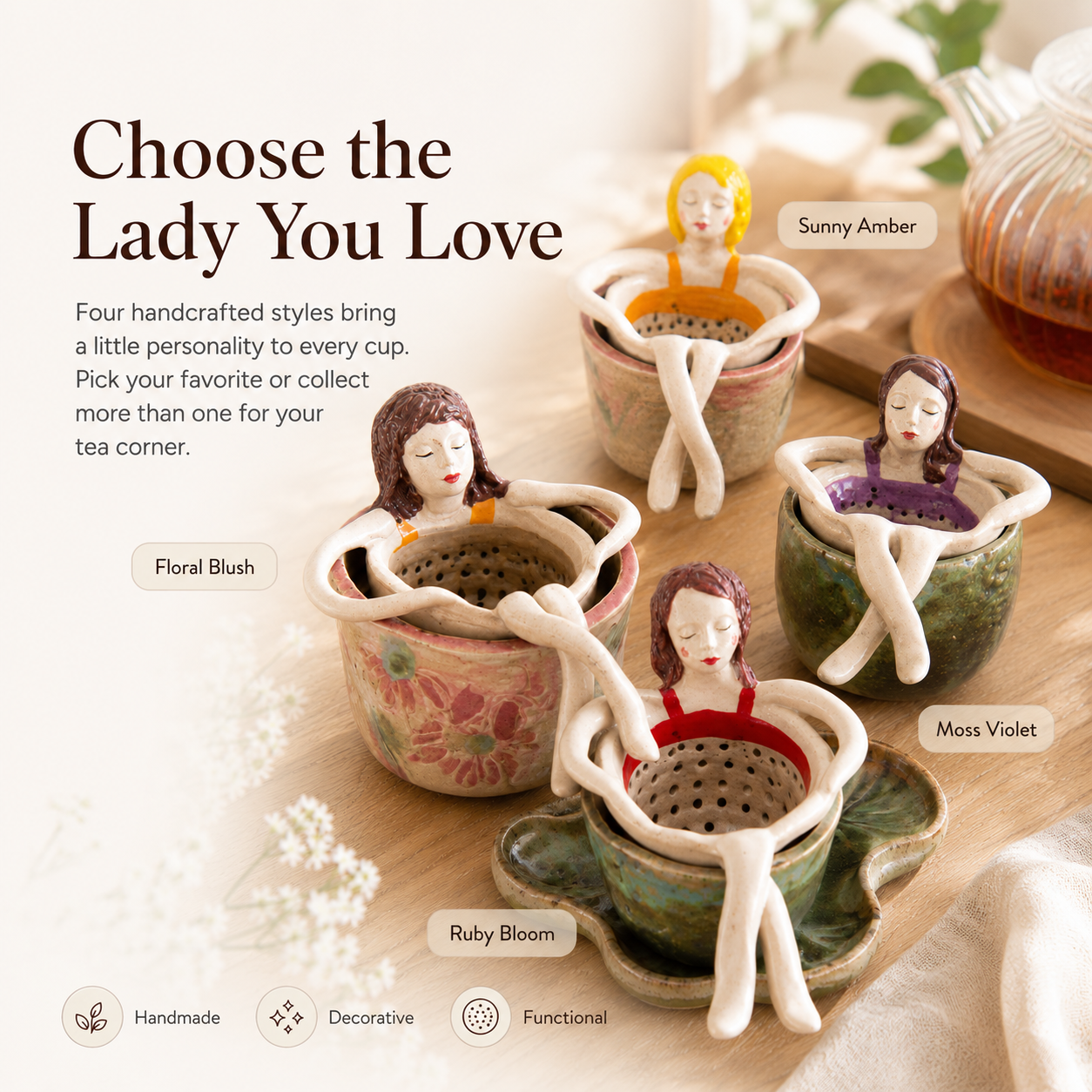 Whimsical Sitting Lady Ceramic Tea Strainer Collection