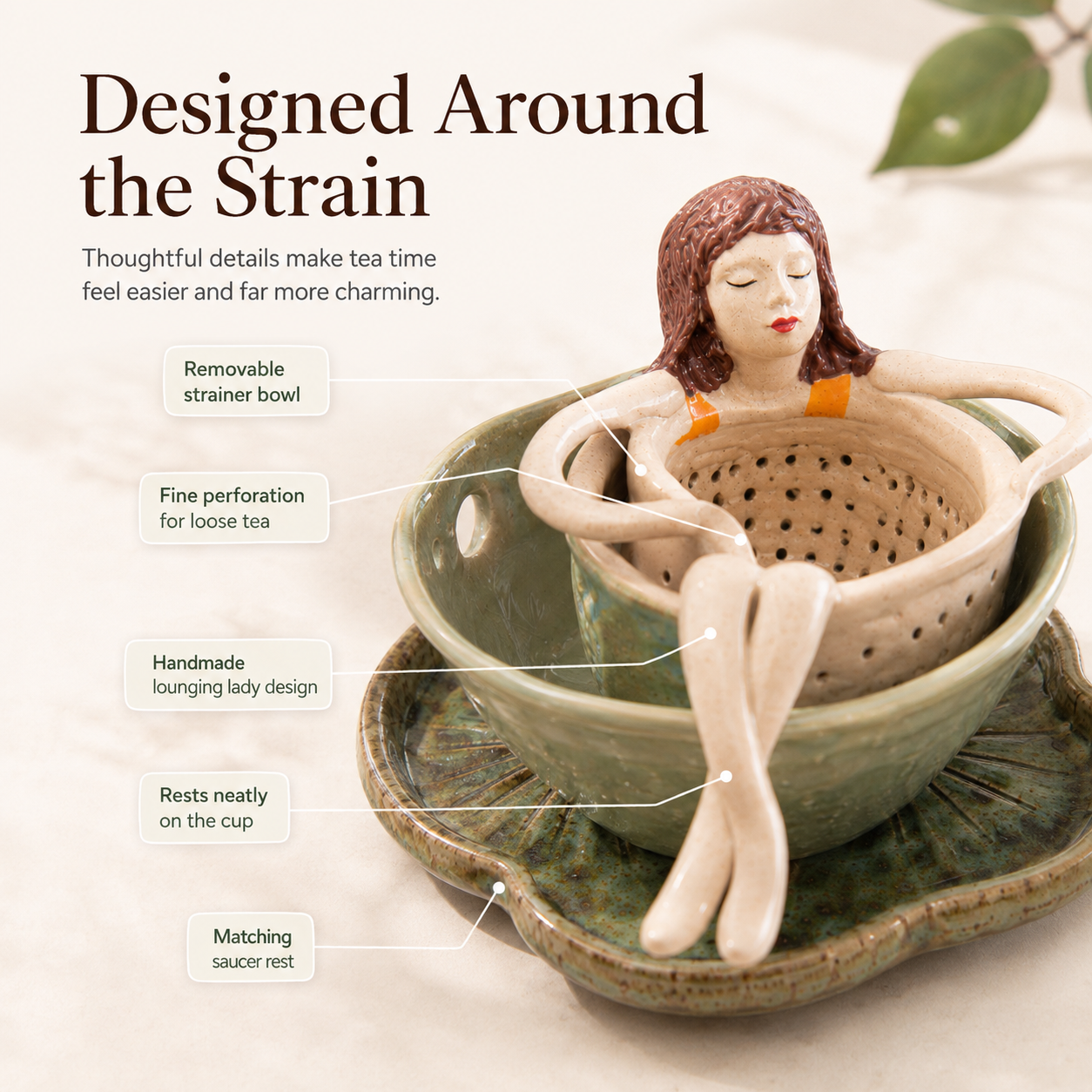 Whimsical Sitting Lady Ceramic Tea Strainer Collection