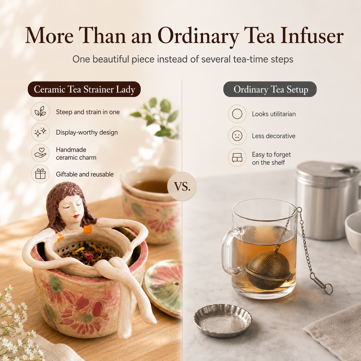 Whimsical Sitting Lady Ceramic Tea Strainer Collection