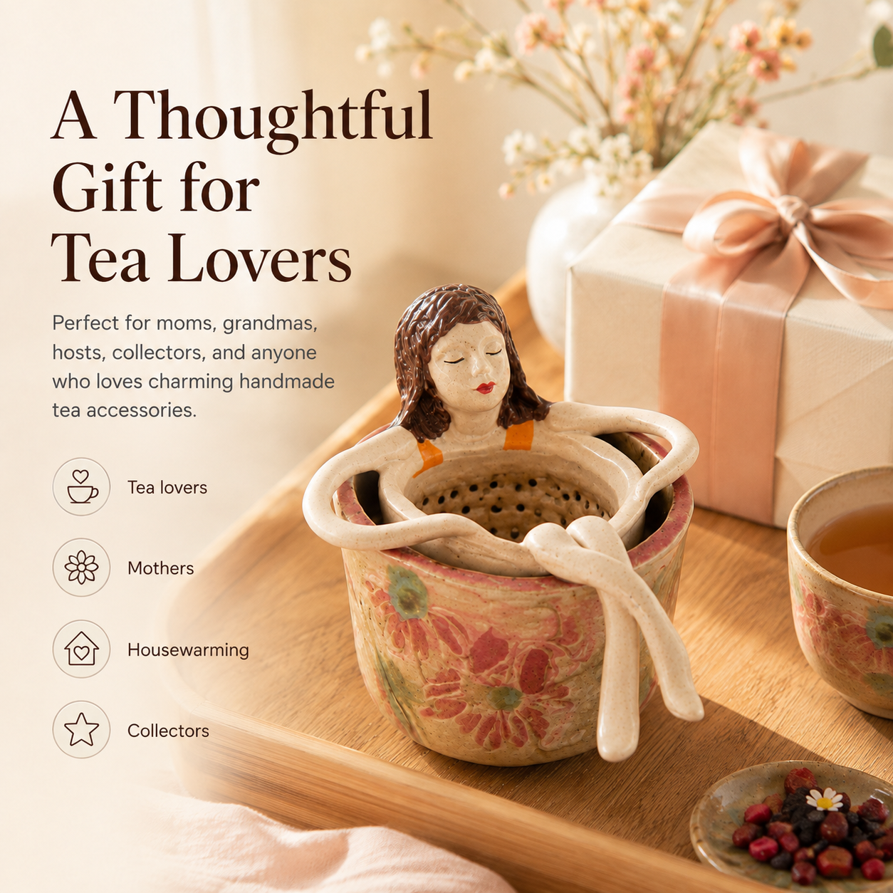 Whimsical Sitting Lady Ceramic Tea Strainer Collection