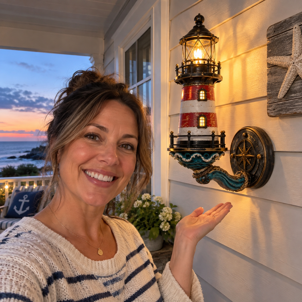 Woman showing lighthouse wall light on coastal porch