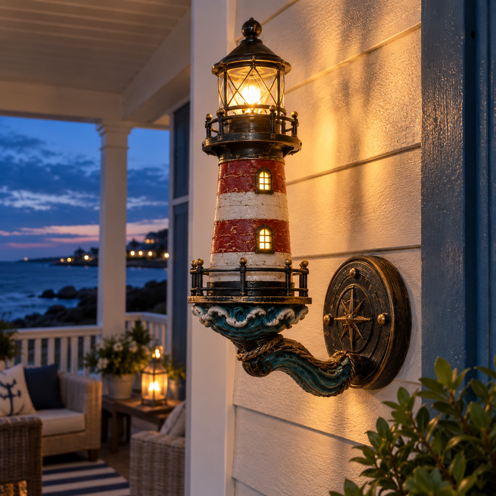 Vintage lighthouse wall light glowing at twilight