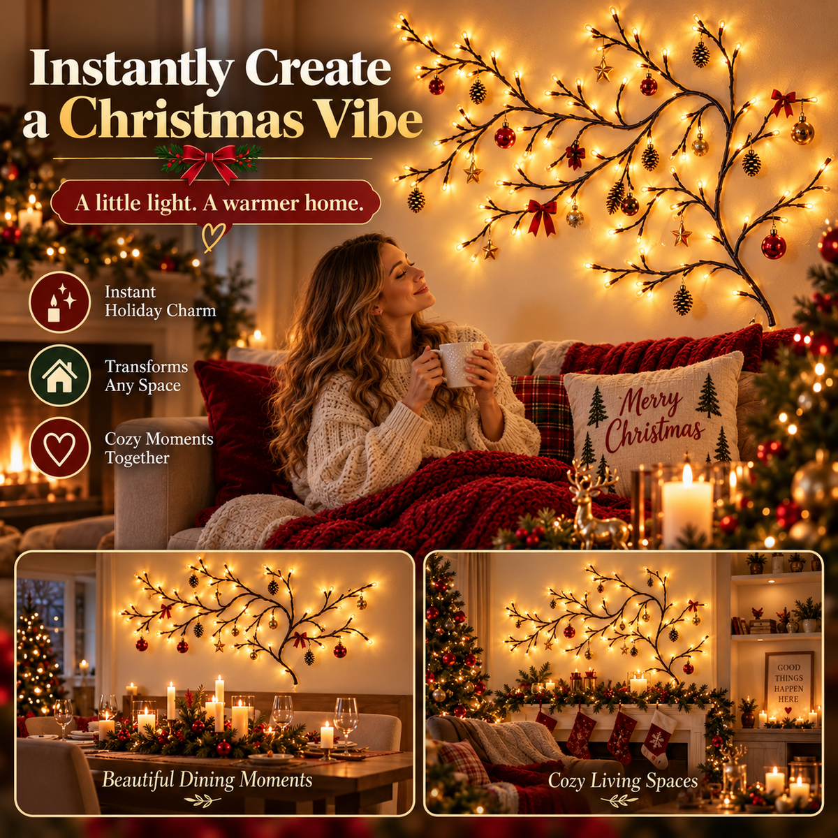Christmas branch lights styled with ornaments