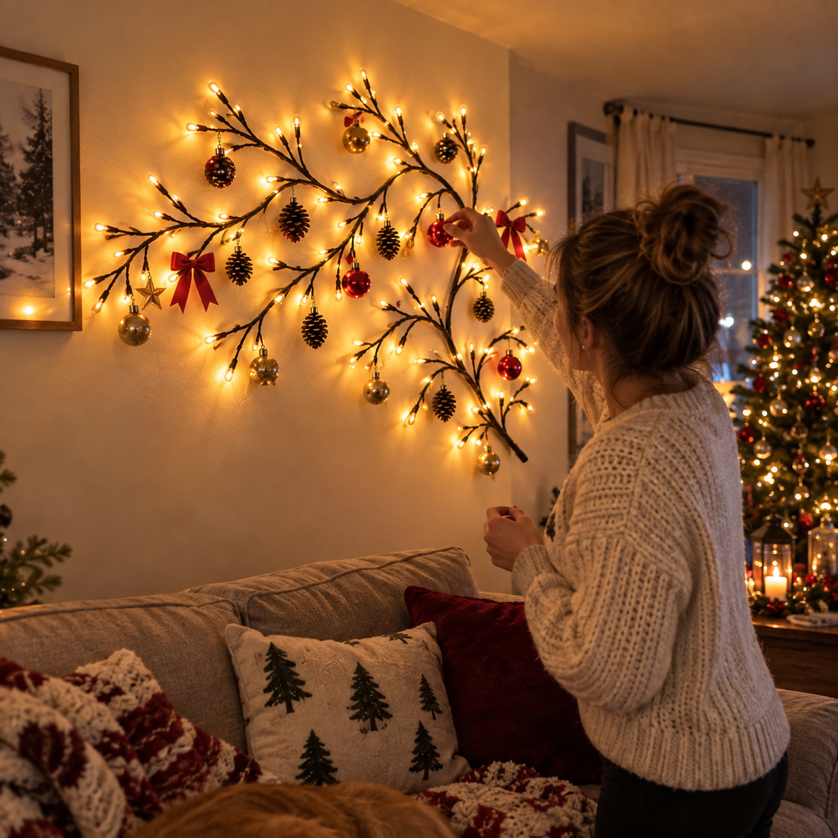 Christmas branch lights decorating wall