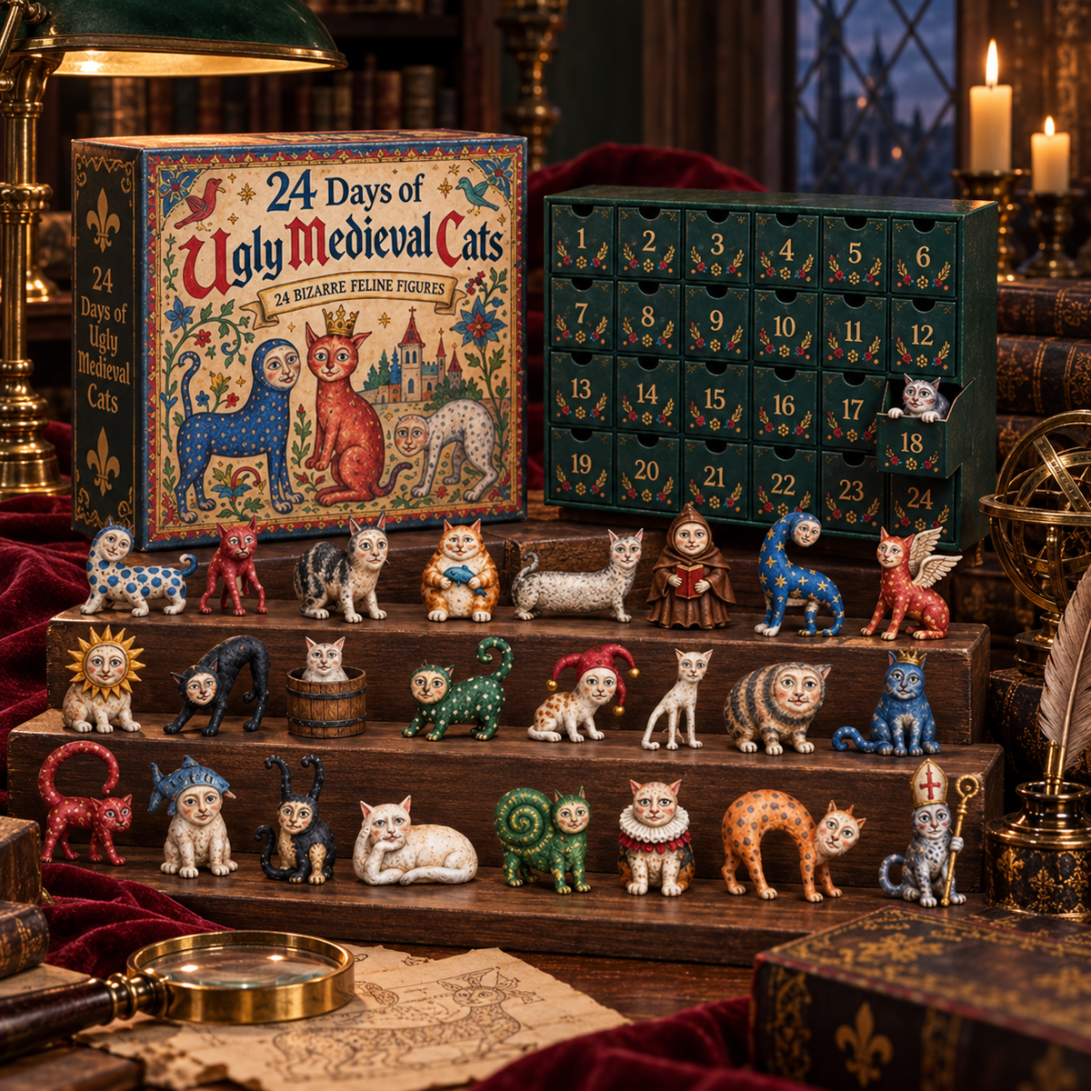 24 collectible medieval cat figures