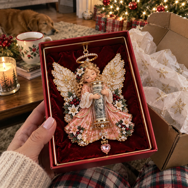 Angel cash holder held beside Christmas tree