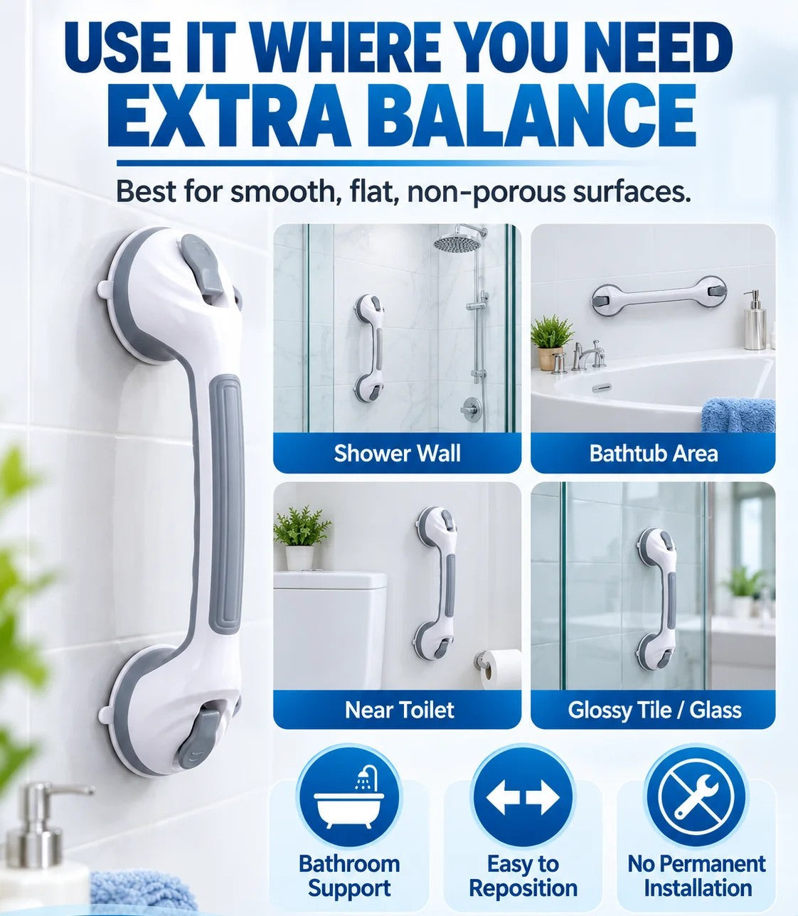 🚿✨ No-Drill Suction Support Handle – Quick-Install Bathroom Handhold for Shower & Tub