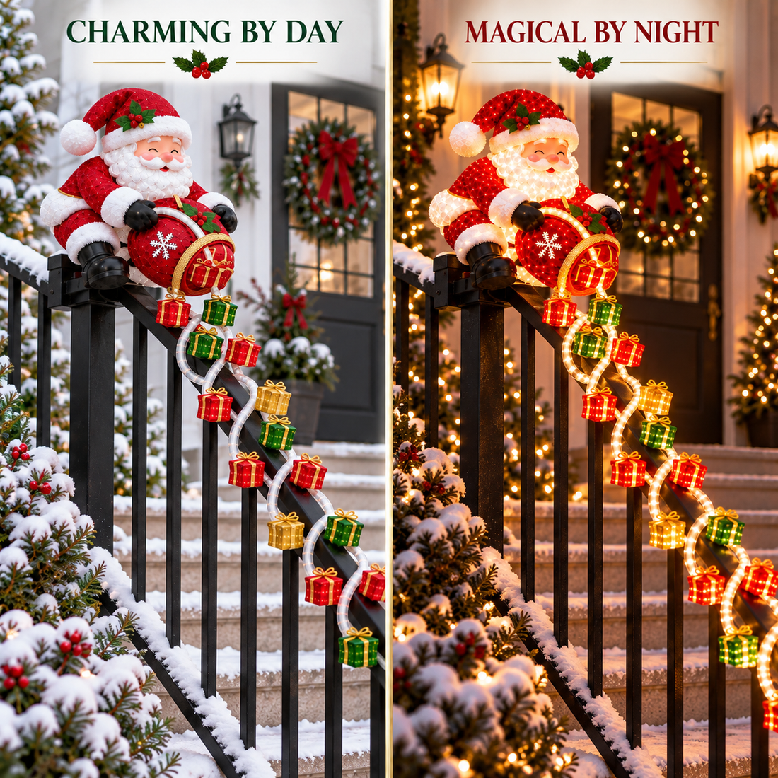 Customer arranging Santa gift cascade along railing