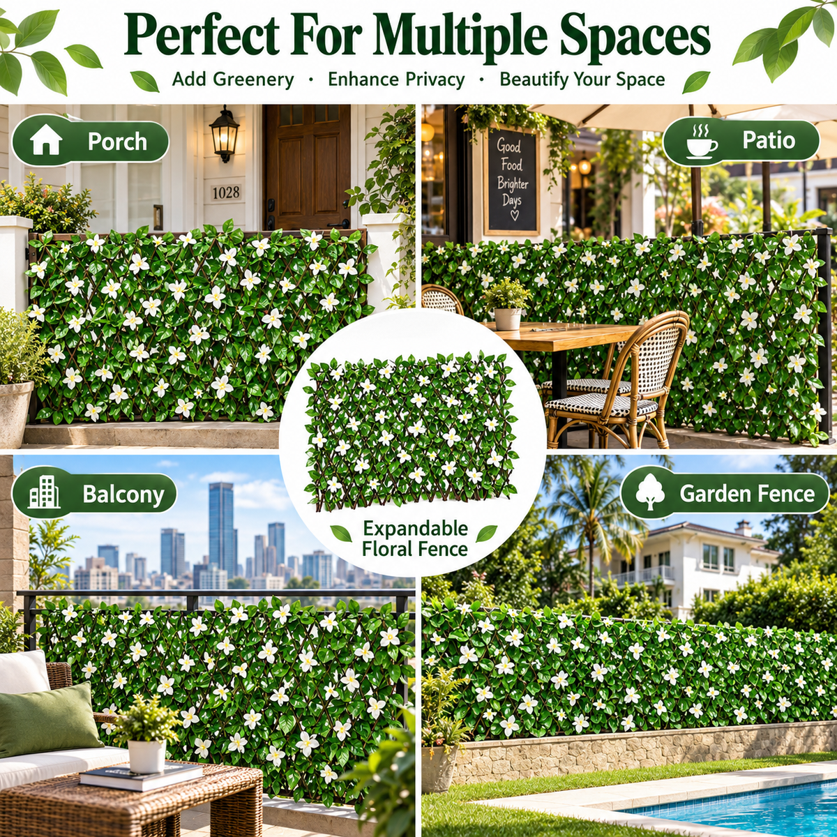 🍀Expandable Faux Ivy Fence with White Flowers - Stretchable Privacy Screen for Balcony, Patio & Garden Walls
