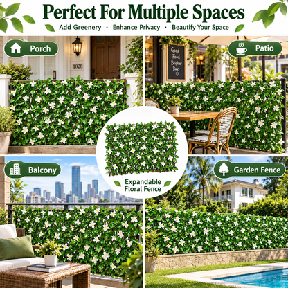 🍀Expandable Faux Ivy Fence with White Flowers - Stretchable Privacy Screen for Balcony, Patio & Garden Walls