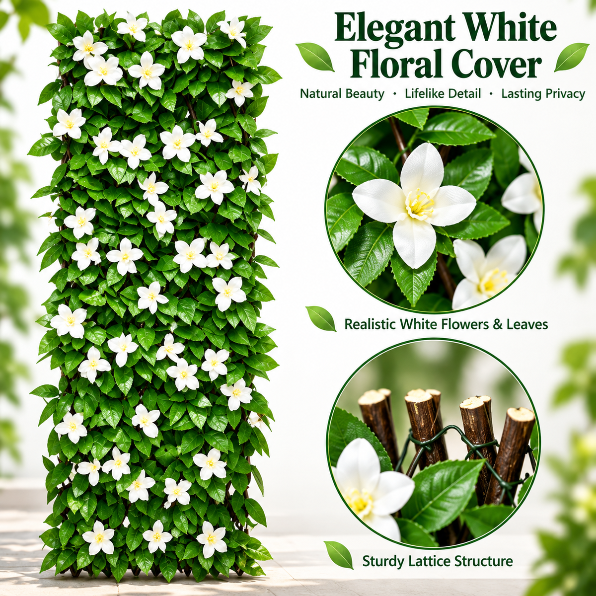 🍀Expandable Faux Ivy Fence with White Flowers - Stretchable Privacy Screen for Balcony, Patio & Garden Walls