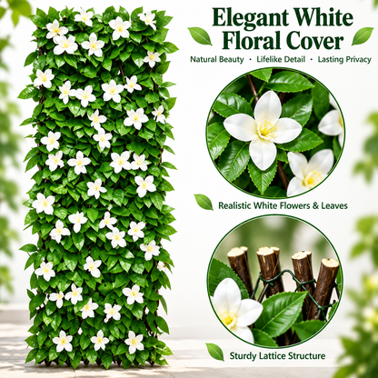 🍀Expandable Faux Ivy Fence with White Flowers - Stretchable Privacy Screen for Balcony, Patio & Garden Walls