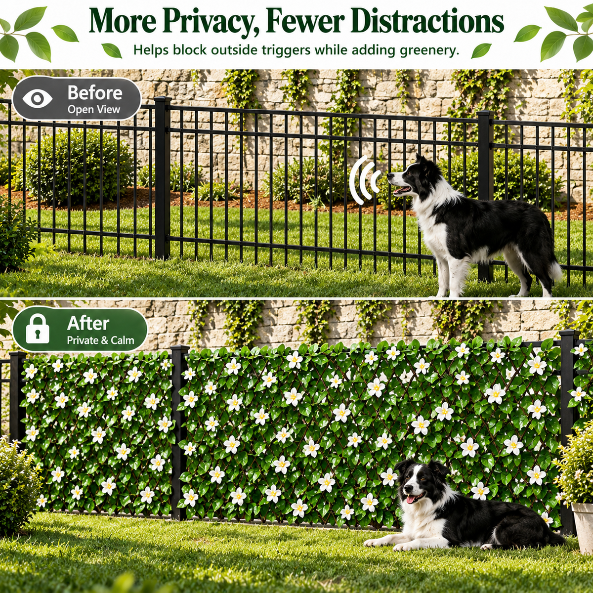🍀Expandable Faux Ivy Fence with White Flowers - Stretchable Privacy Screen for Balcony, Patio & Garden Walls