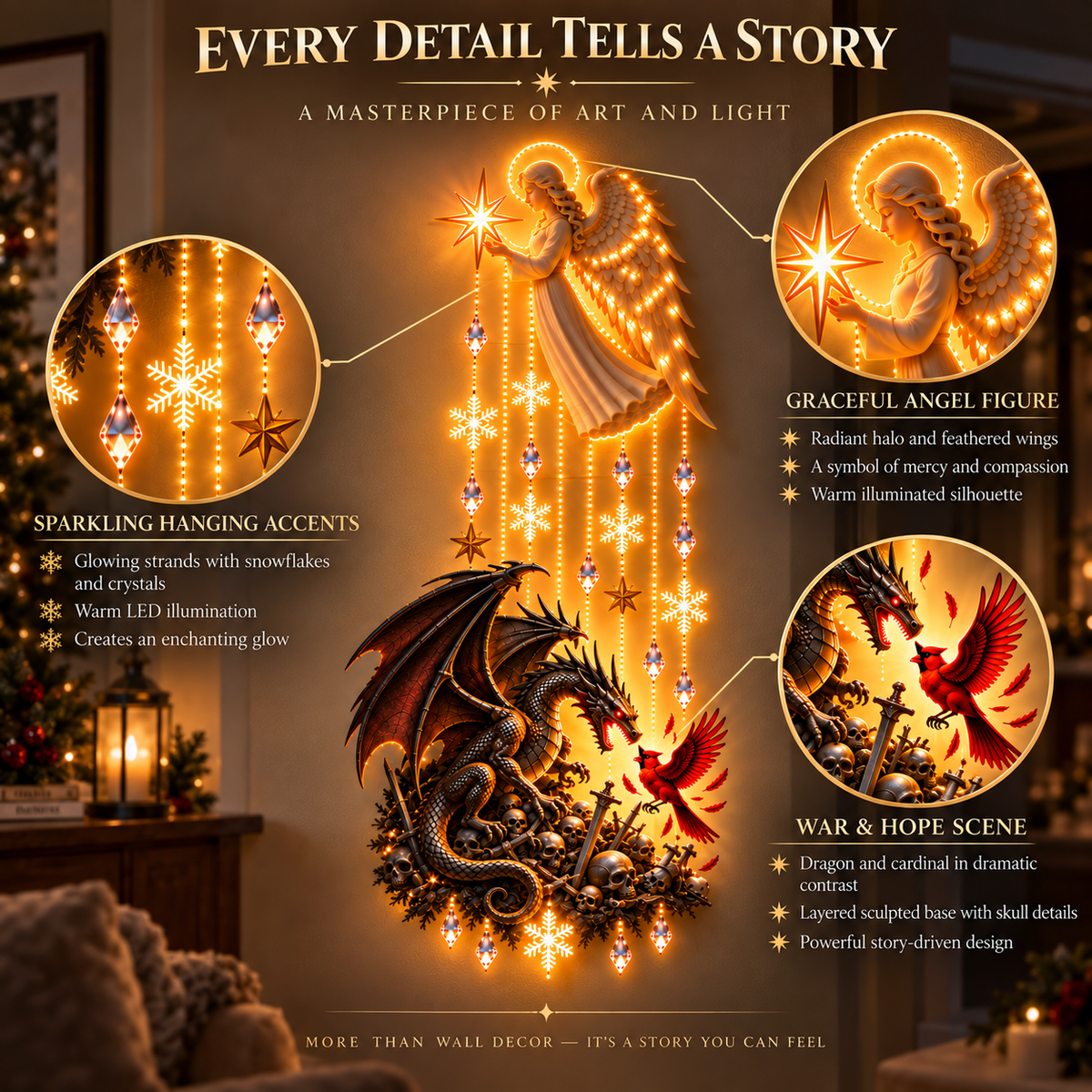 Detailed angel dragon illuminated wall hanging