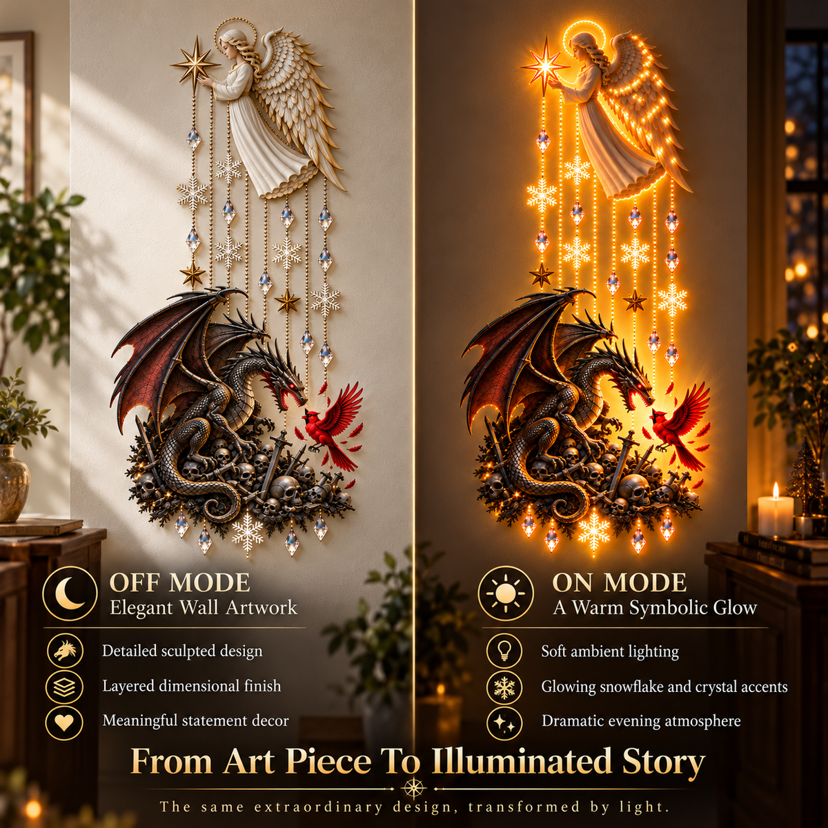 Angel dragon wall art daytime and illuminated nighttime comparison