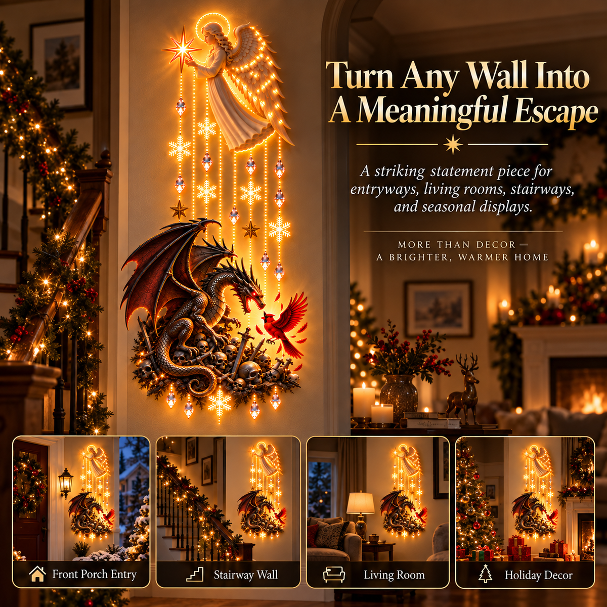 Illuminated angel dragon wall decoration in different rooms