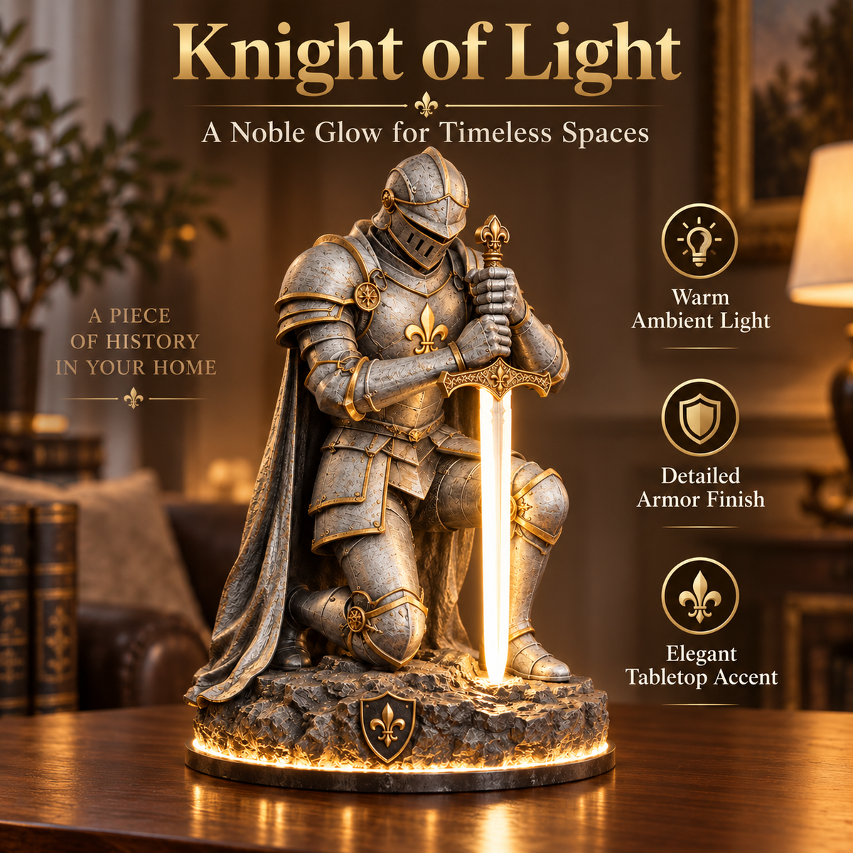 👑🛡️ The King’s Last Guardian™ –⚔️ Illuminated Knight Sculpture