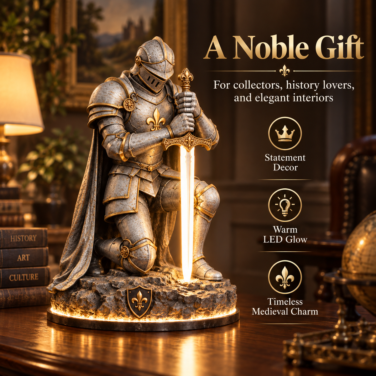 👑🛡️ The King’s Last Guardian™ –⚔️ Illuminated Knight Sculpture