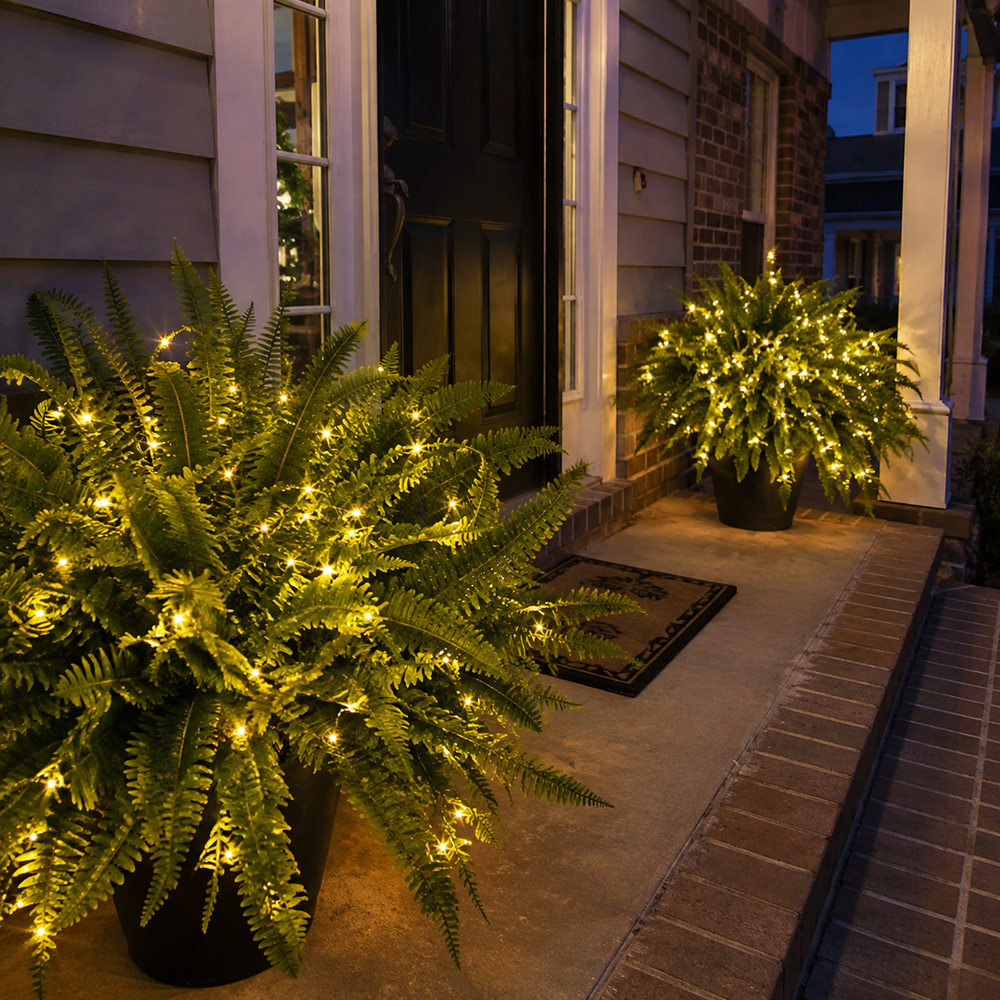 Customer porch with glowing Boston ferns