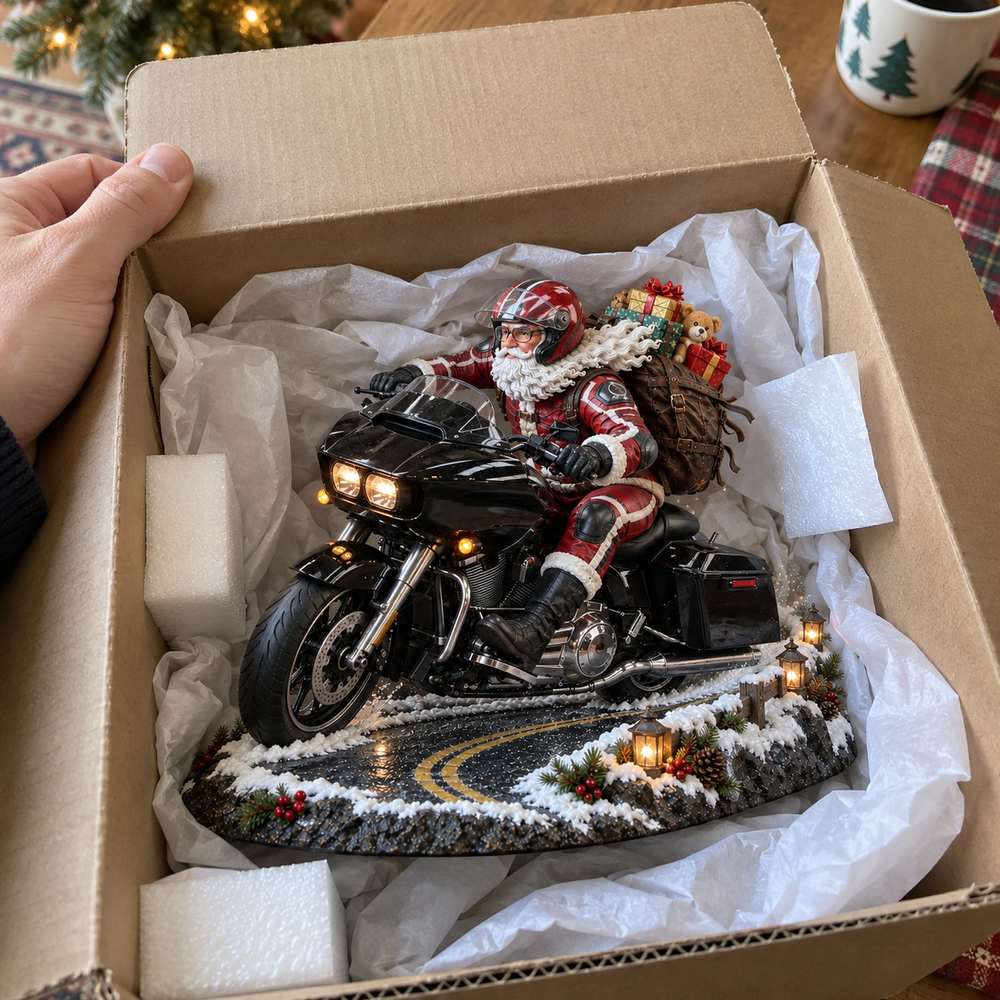 Customer unboxing motorcycle Santa Christmas decoration