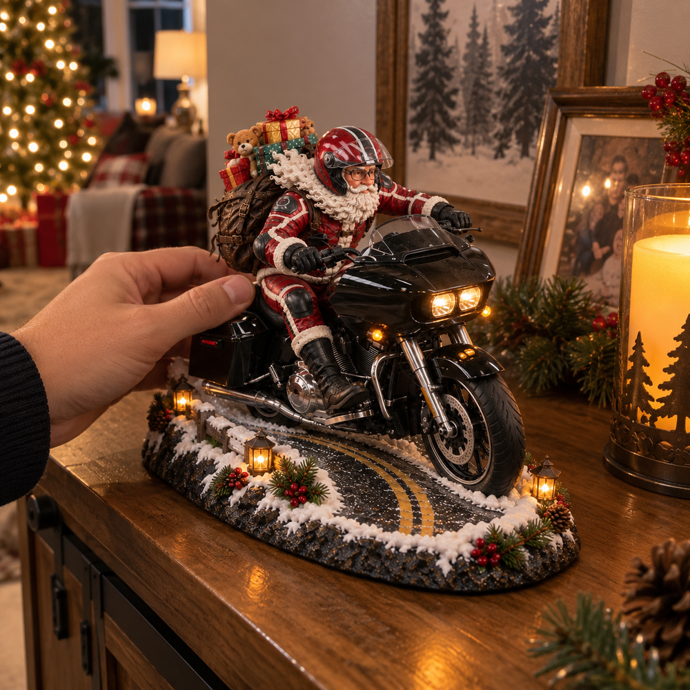 Close-up customer view of motorcycle Santa Christmas figurine
