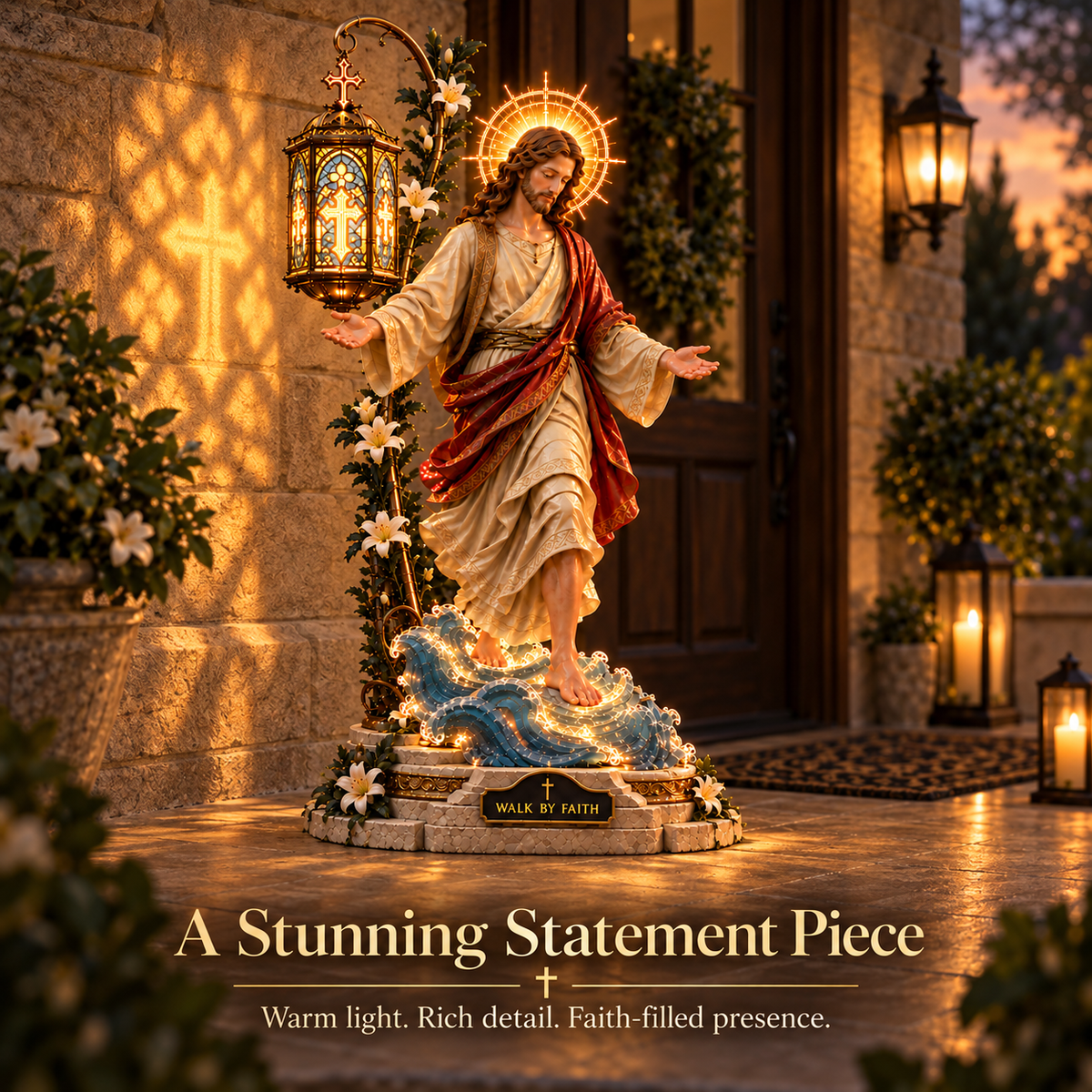 Warm illuminated Walk by Faith display in a cozy room