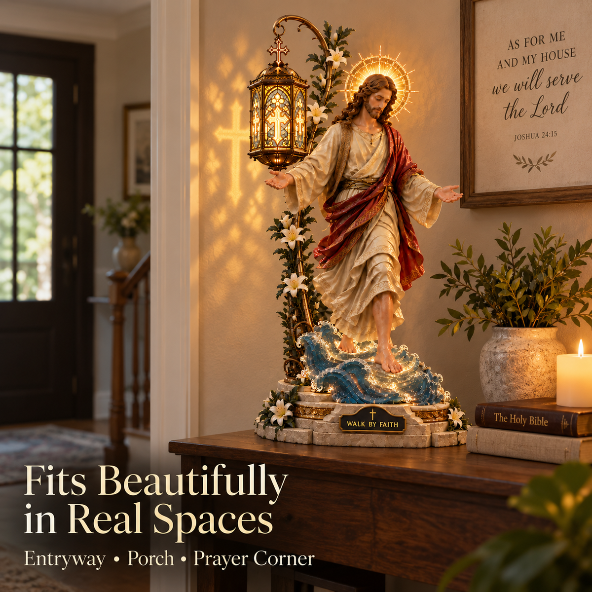 Multiple Walk by Faith illuminated displays in an entryway