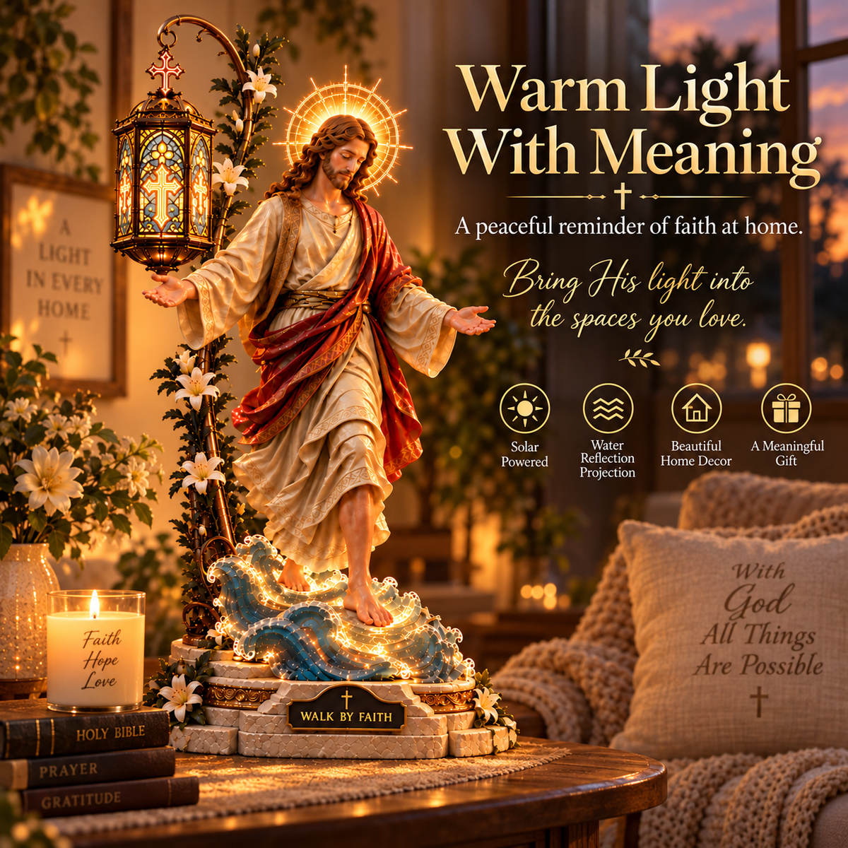 Walk by Faith decorative light displayed beside a homeowner