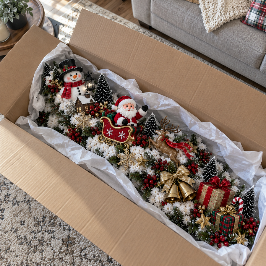 Customer adjusting Christmas staircase decoration by hand