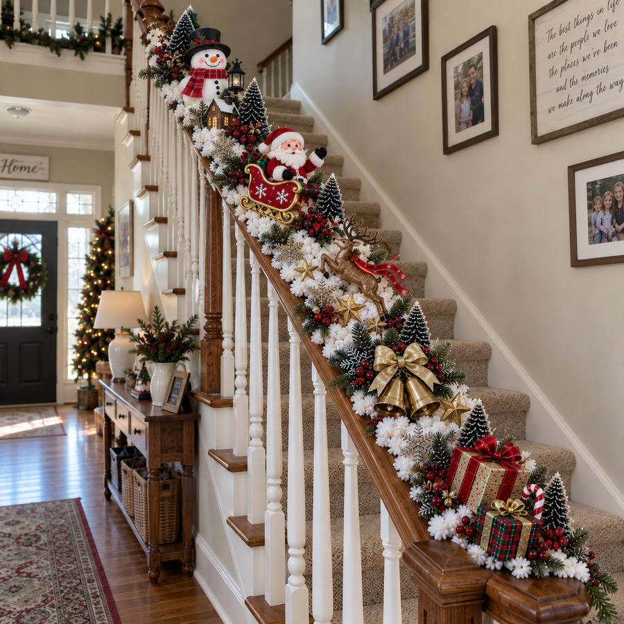 Christmas staircase decoration during daytime with lights off