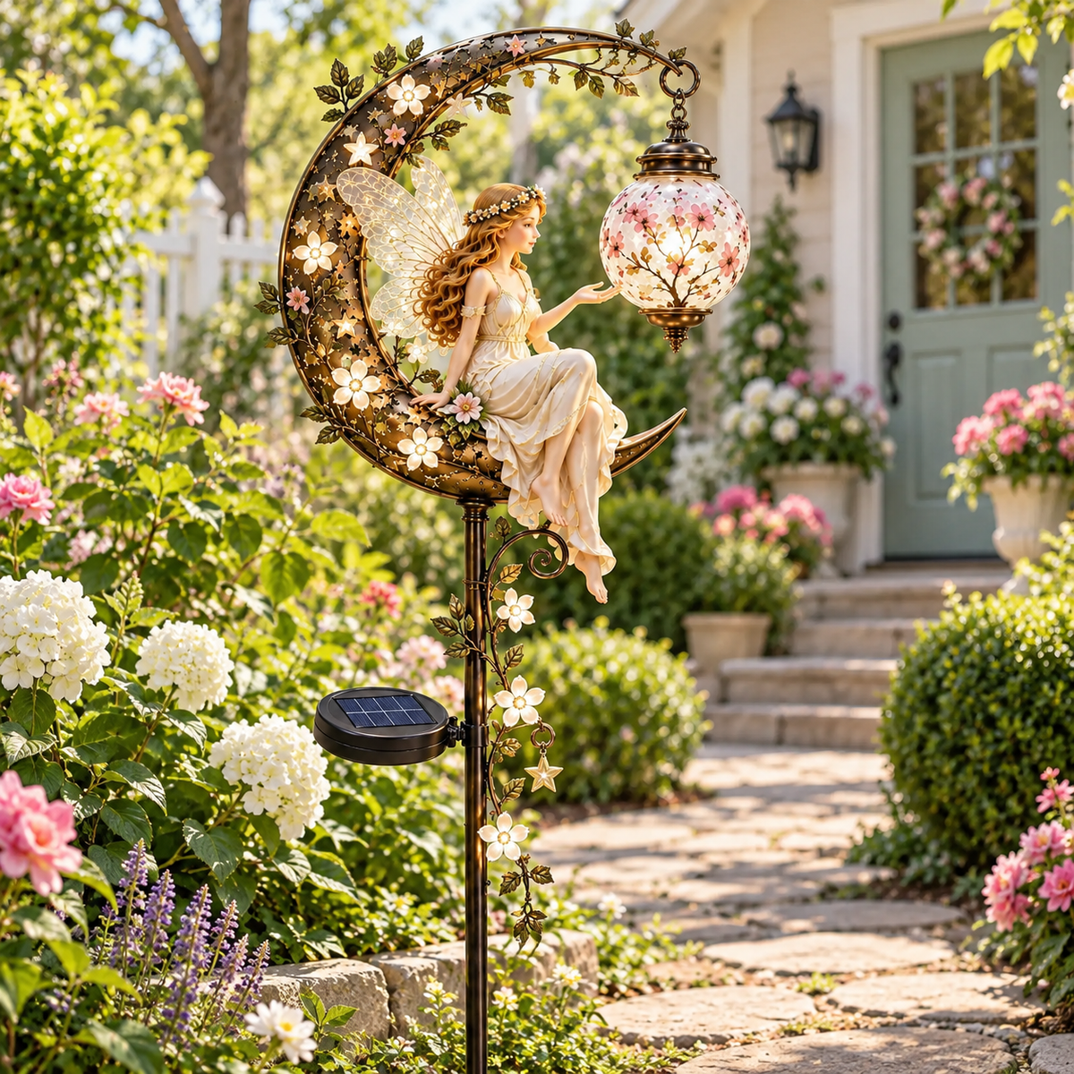 🧚‍♀️🌙 Enchanted Moon Fairy Solar Garden Light | Floral Crescent Lantern Stake, Magical Outdoor Décor & Fairy Garden Accent