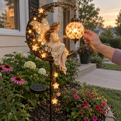🧚‍♀️🌙 Enchanted Moon Fairy Solar Garden Light | Floral Crescent Lantern Stake, Magical Outdoor Décor & Fairy Garden Accent