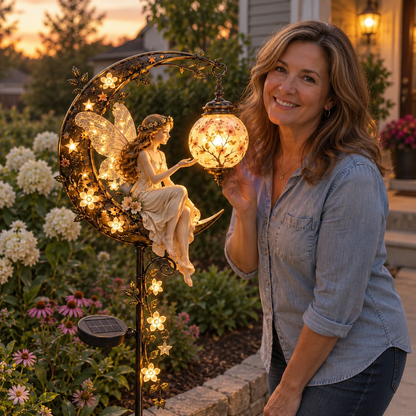 🧚‍♀️🌙 Enchanted Moon Fairy Solar Garden Light | Floral Crescent Lantern Stake, Magical Outdoor Décor & Fairy Garden Accent