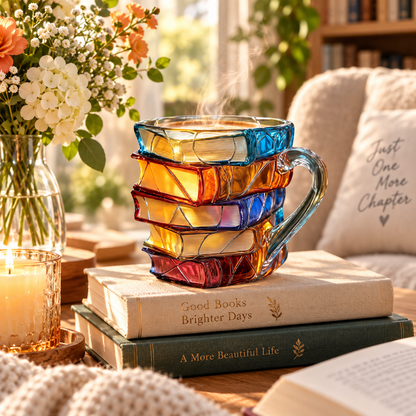 📚 Hand-Painted 3D Book Stack Glass Mug – Cozy Reader Gift, Only 7 Left ☕
