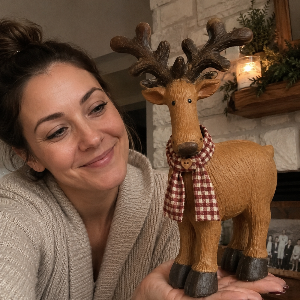 Woman showing rustic farmhouse reindeer figurine